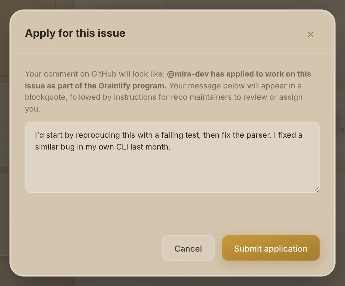 The Apply for this issue dialog with a message typed in