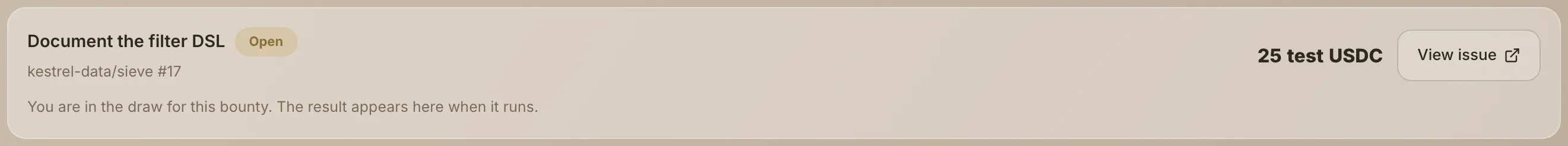 The same bounty after applying, saying you are in the draw