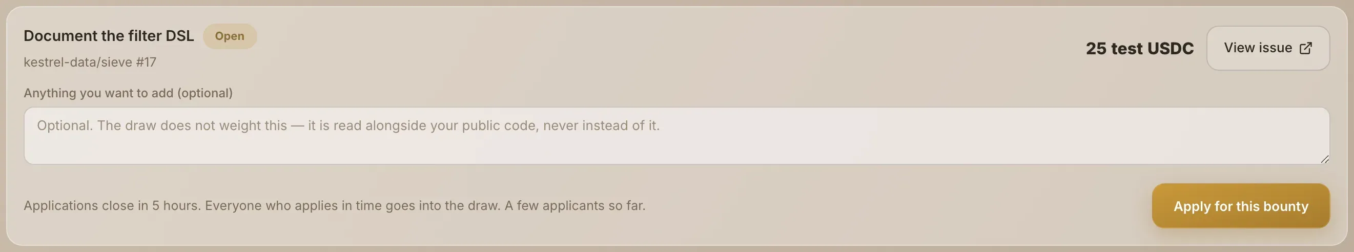 An open bounty with the optional note field and the Apply for this bounty button