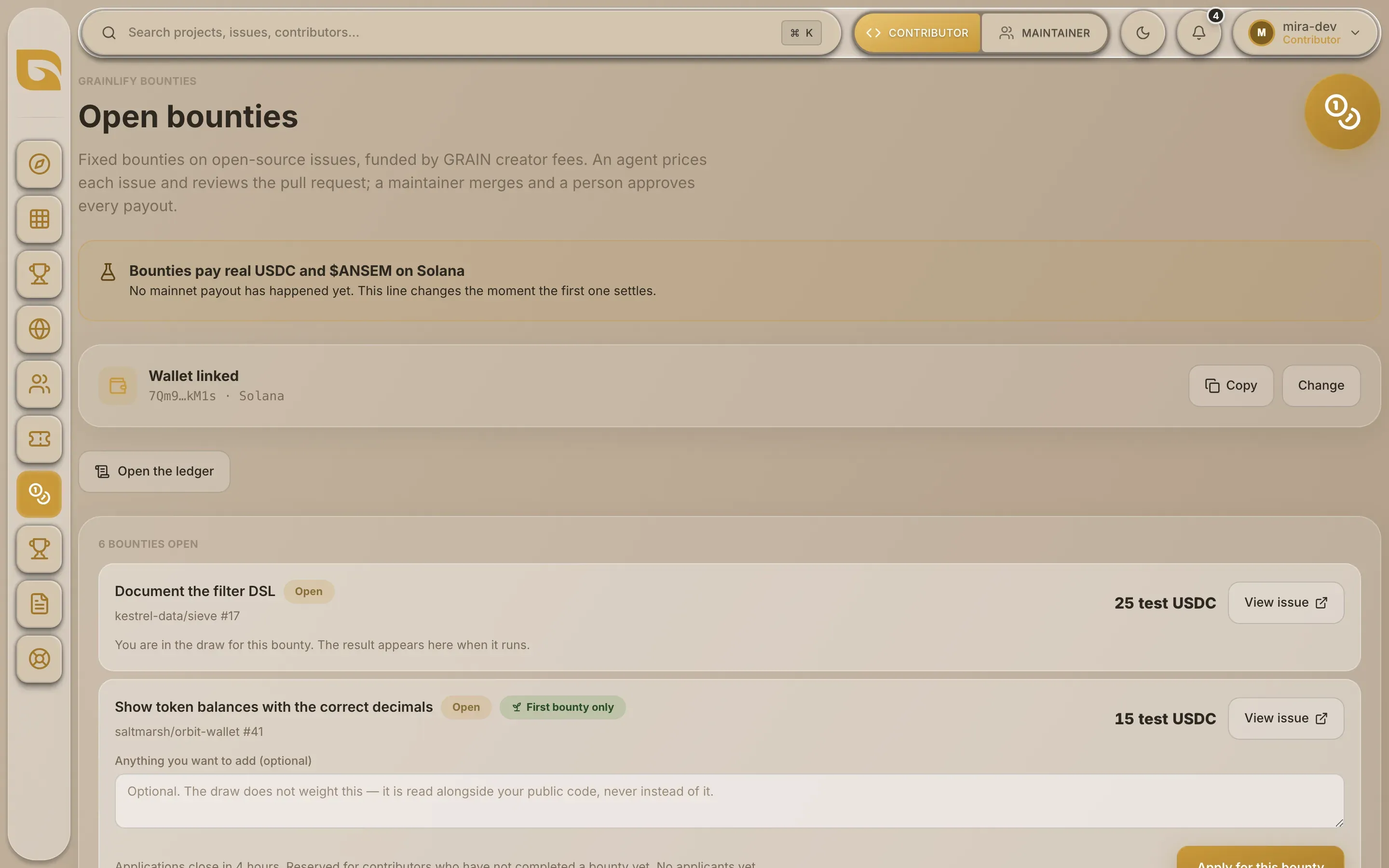 The Bounties page: the status banner, the wallet card, and the list of open bounties
