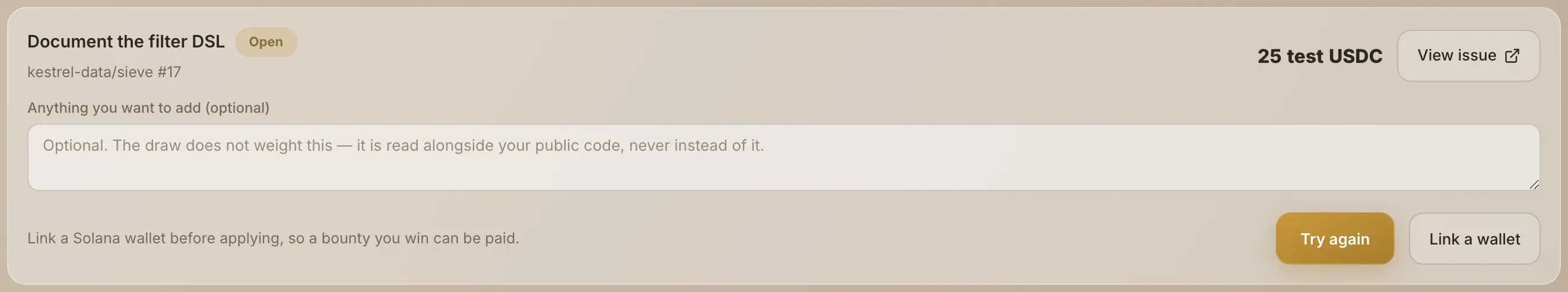 A refused application, with the Link a wallet button