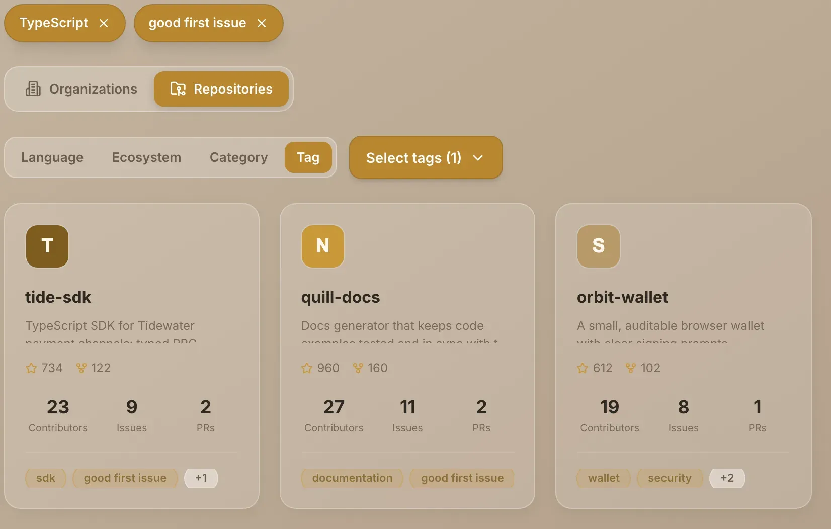 Selected filters shown as chips above the Organizations and Repositories toggle