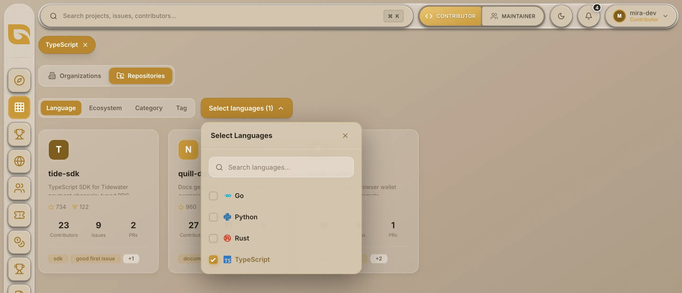 Browse in the Repositories view with the language list open and a search box at the top