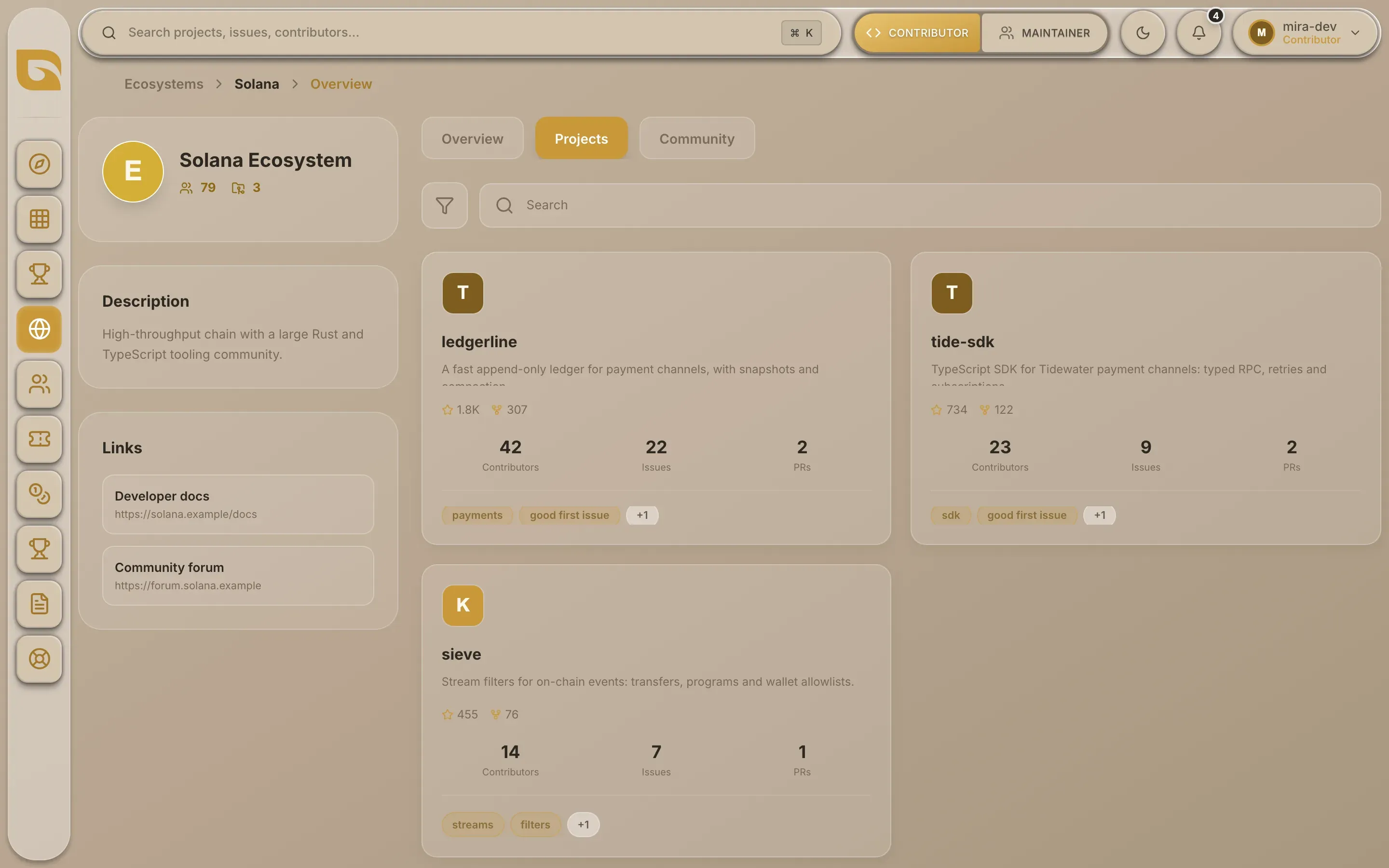 An ecosystem's Projects tab, showing project cards