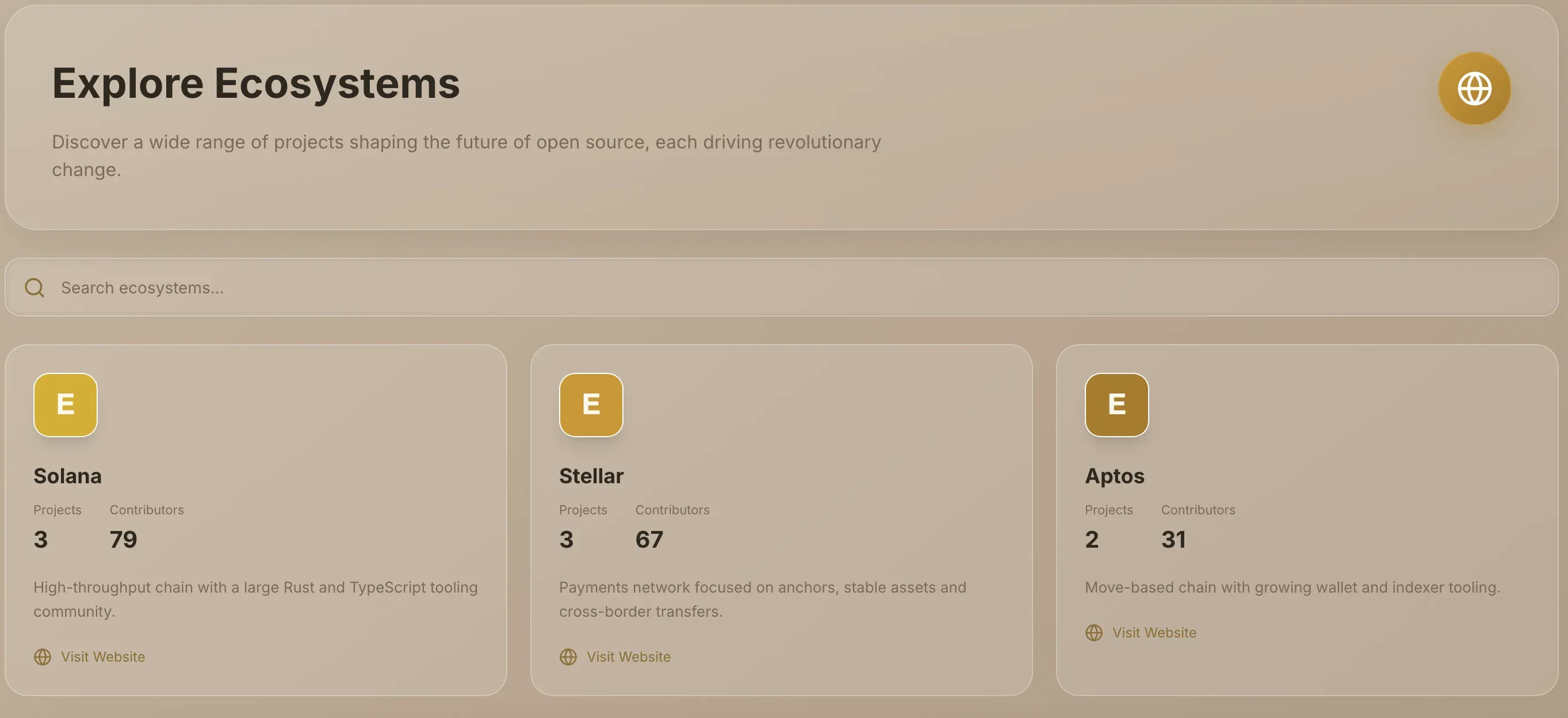 The Explore Ecosystems page with the search box and a grid of ecosystem cards