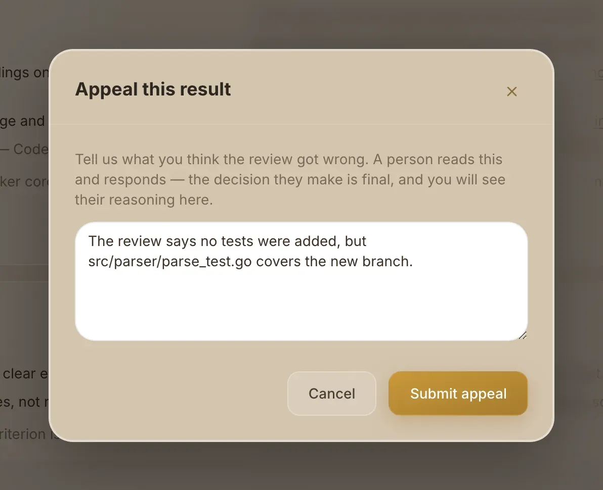 The Appeal this result dialog, with a reason typed in