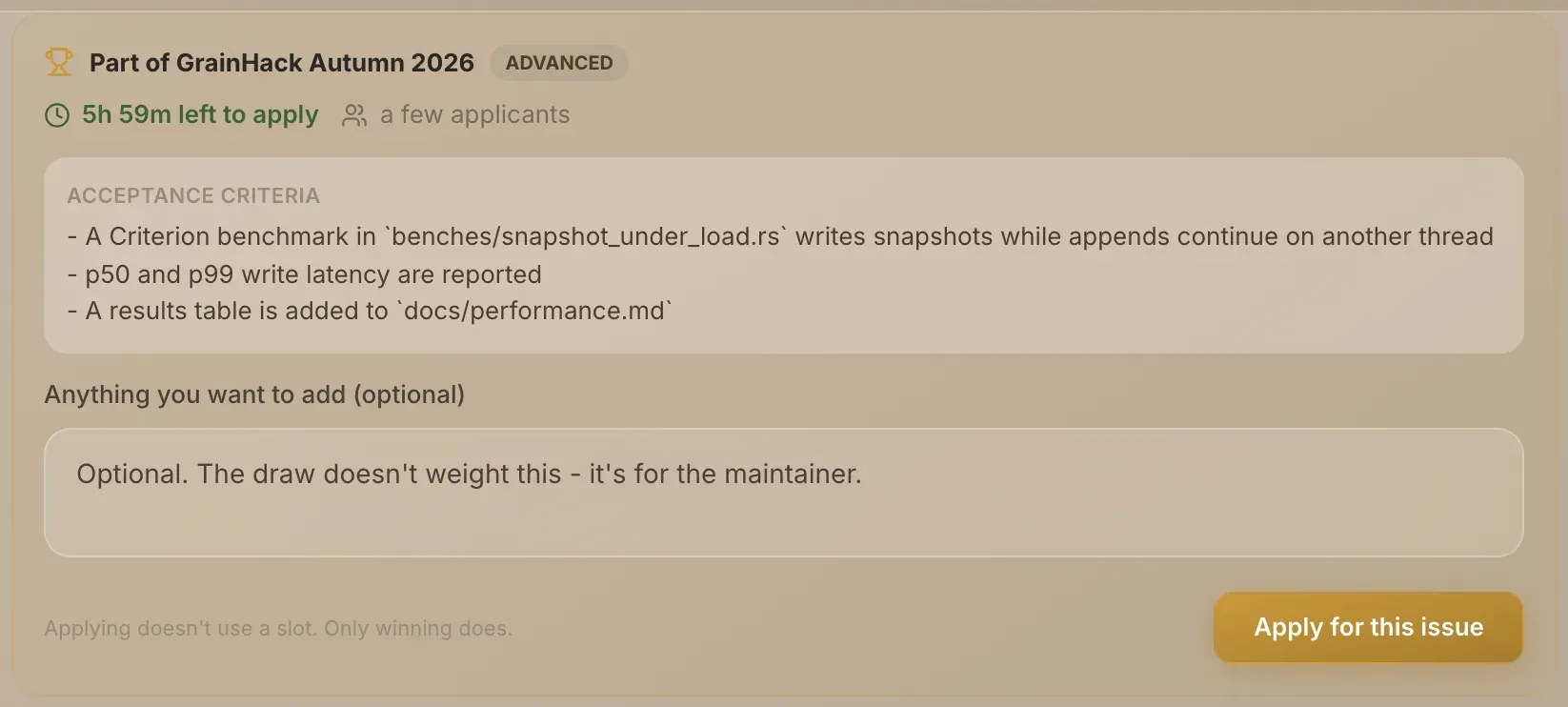 The GrainHack panel on an issue, with the window, acceptance criteria and the Apply for this issue button
