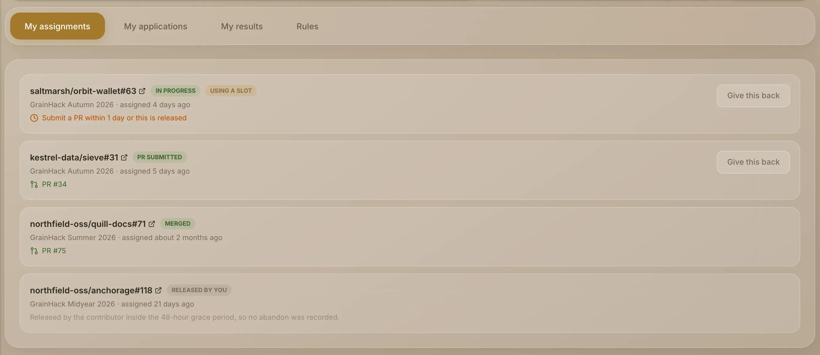 My assignments, with an issue in progress, its slot and its timer