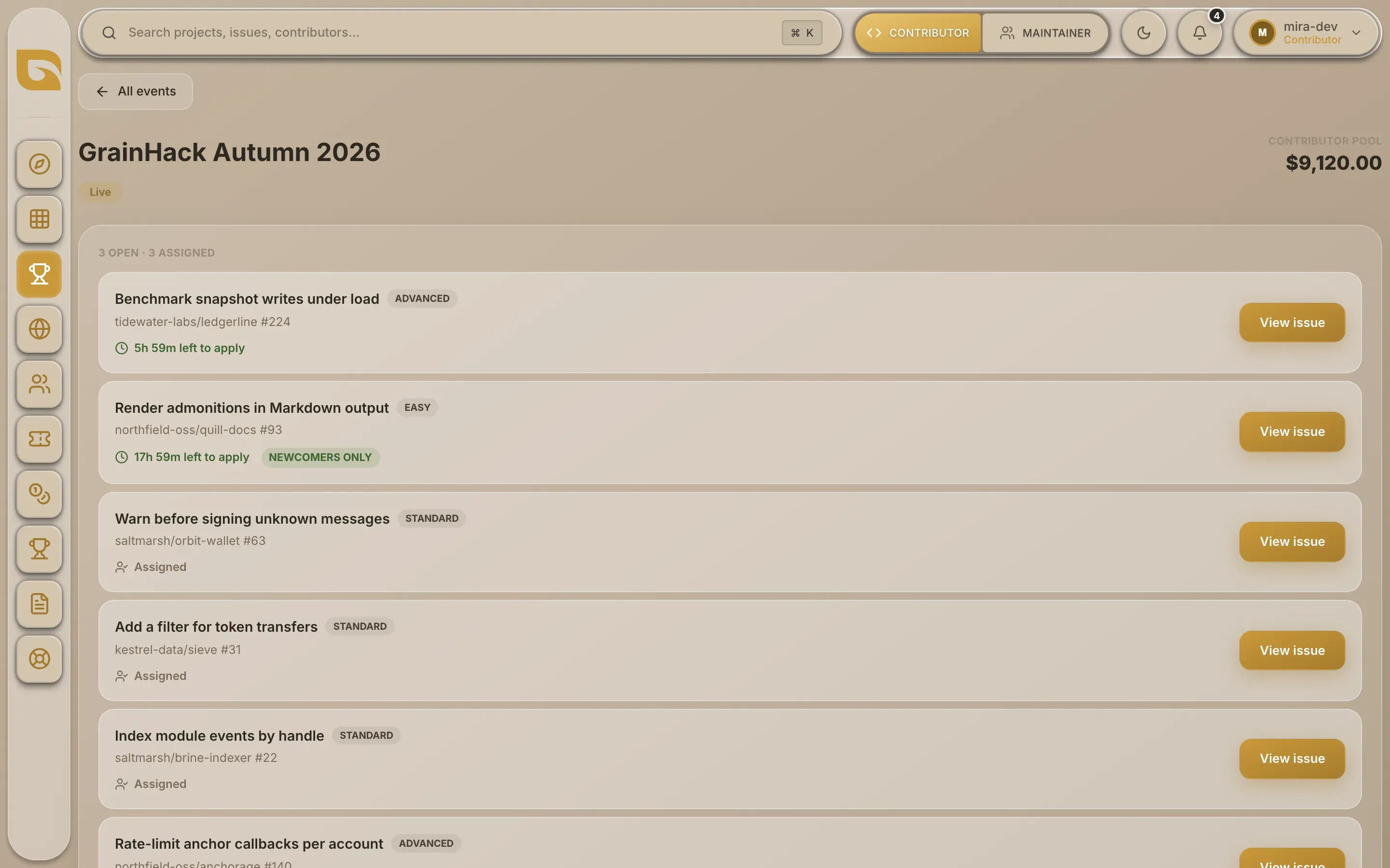 A live event's page, listing its issues