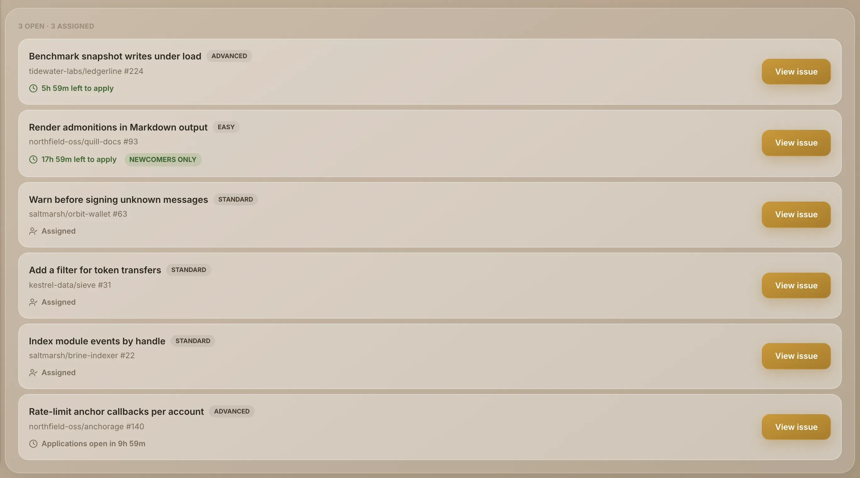 An event's issue list, with an issue marked Newcomers only