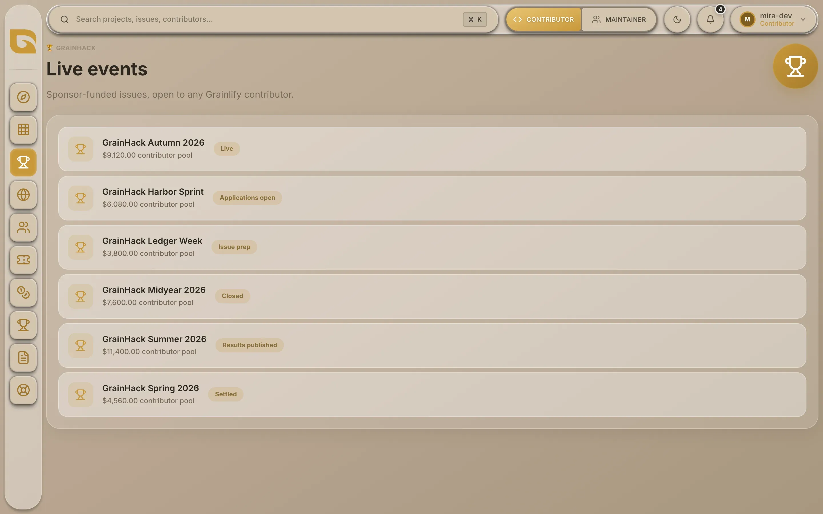 The GrainHack events list, with events in different phases