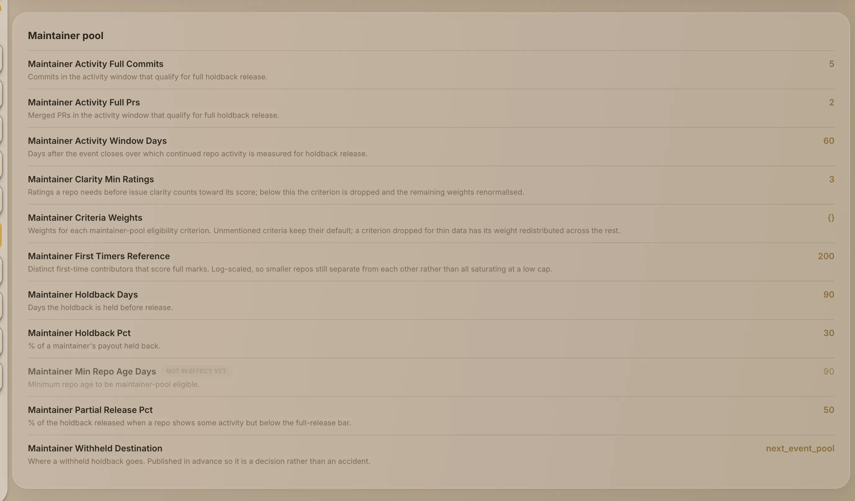 The Maintainer pool section of the GrainHack rules