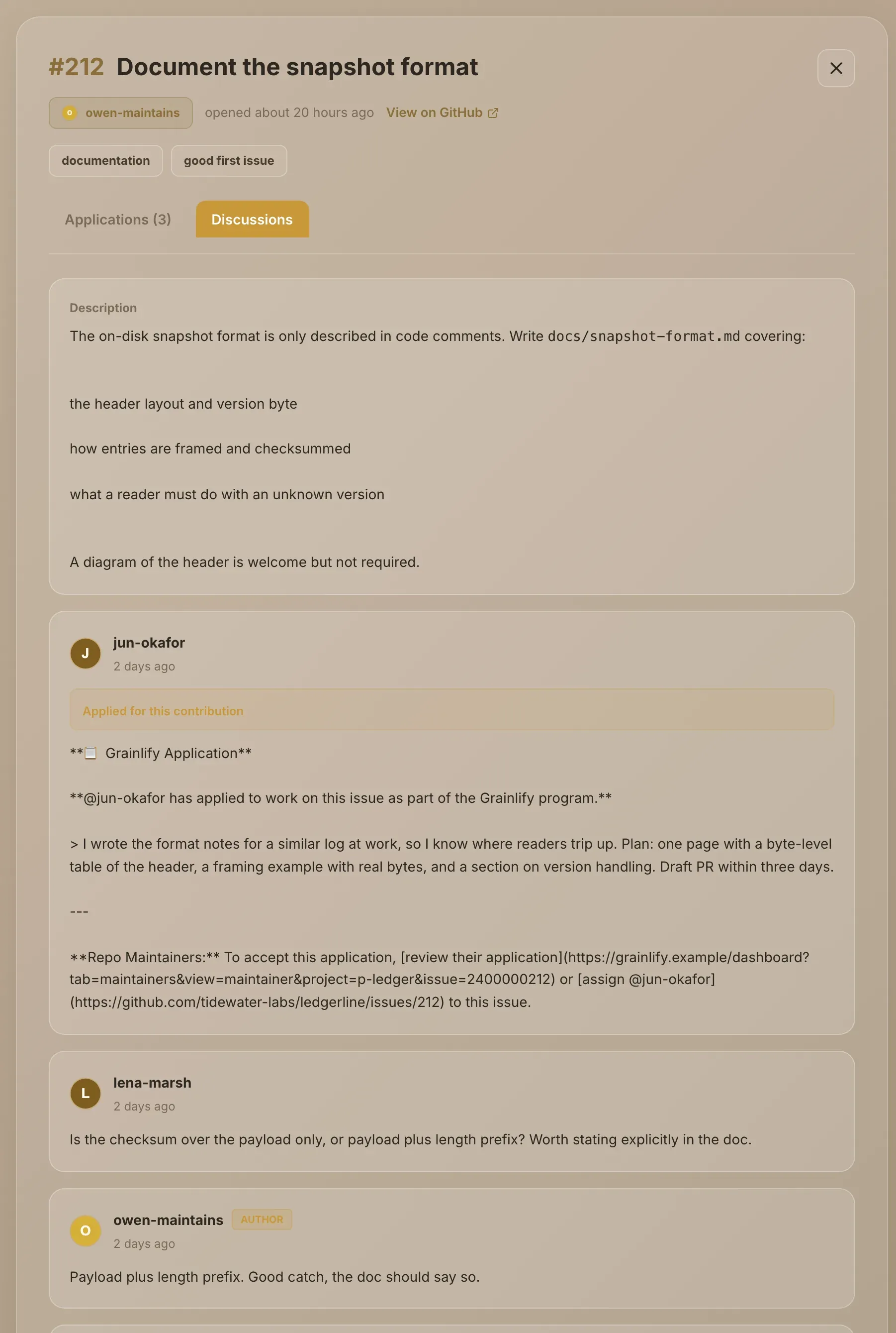 The Discussions tab, showing the issue description and comments, one marked as an application