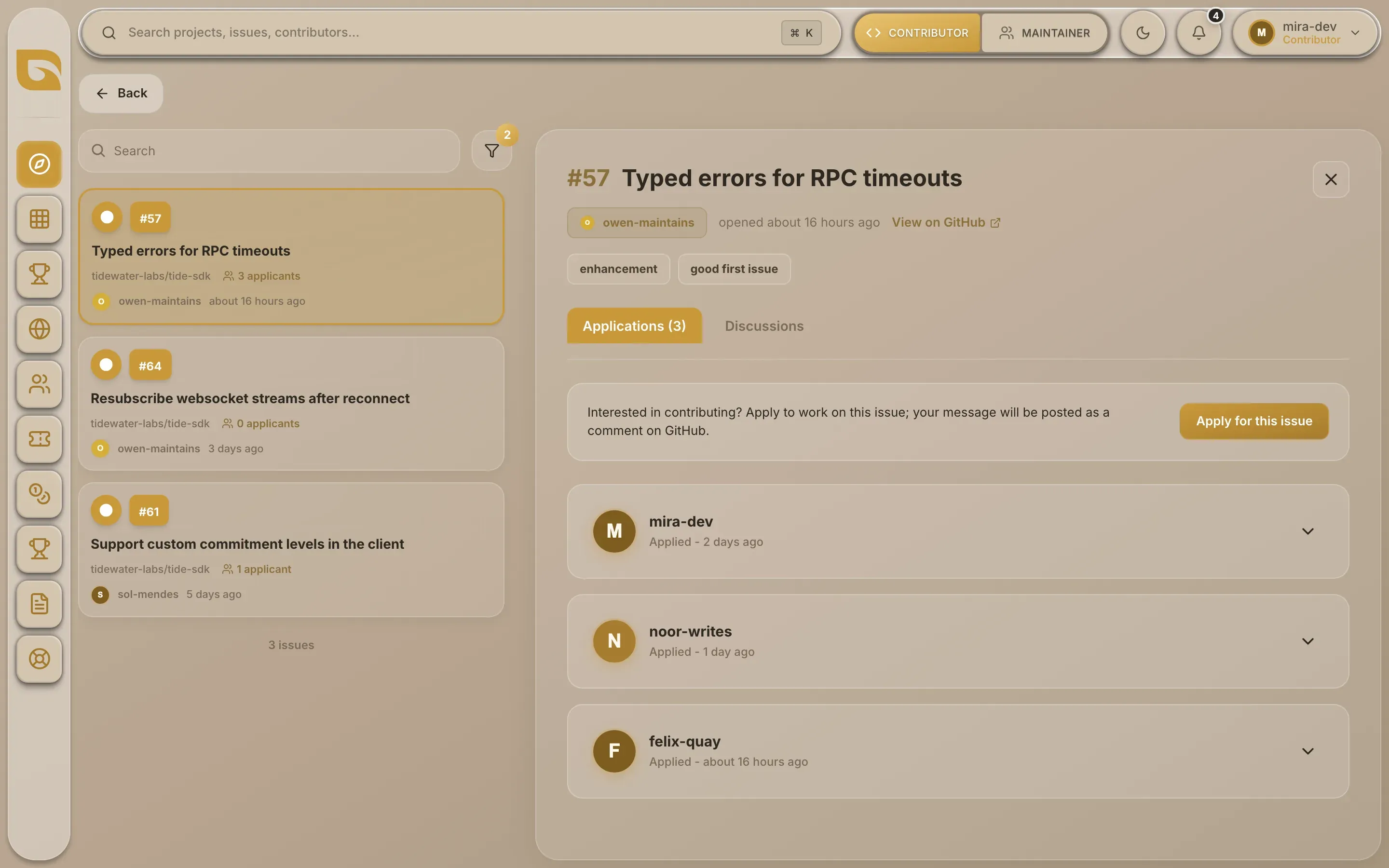 The issue page, with the project's issues listed on the left and the chosen issue open on the right