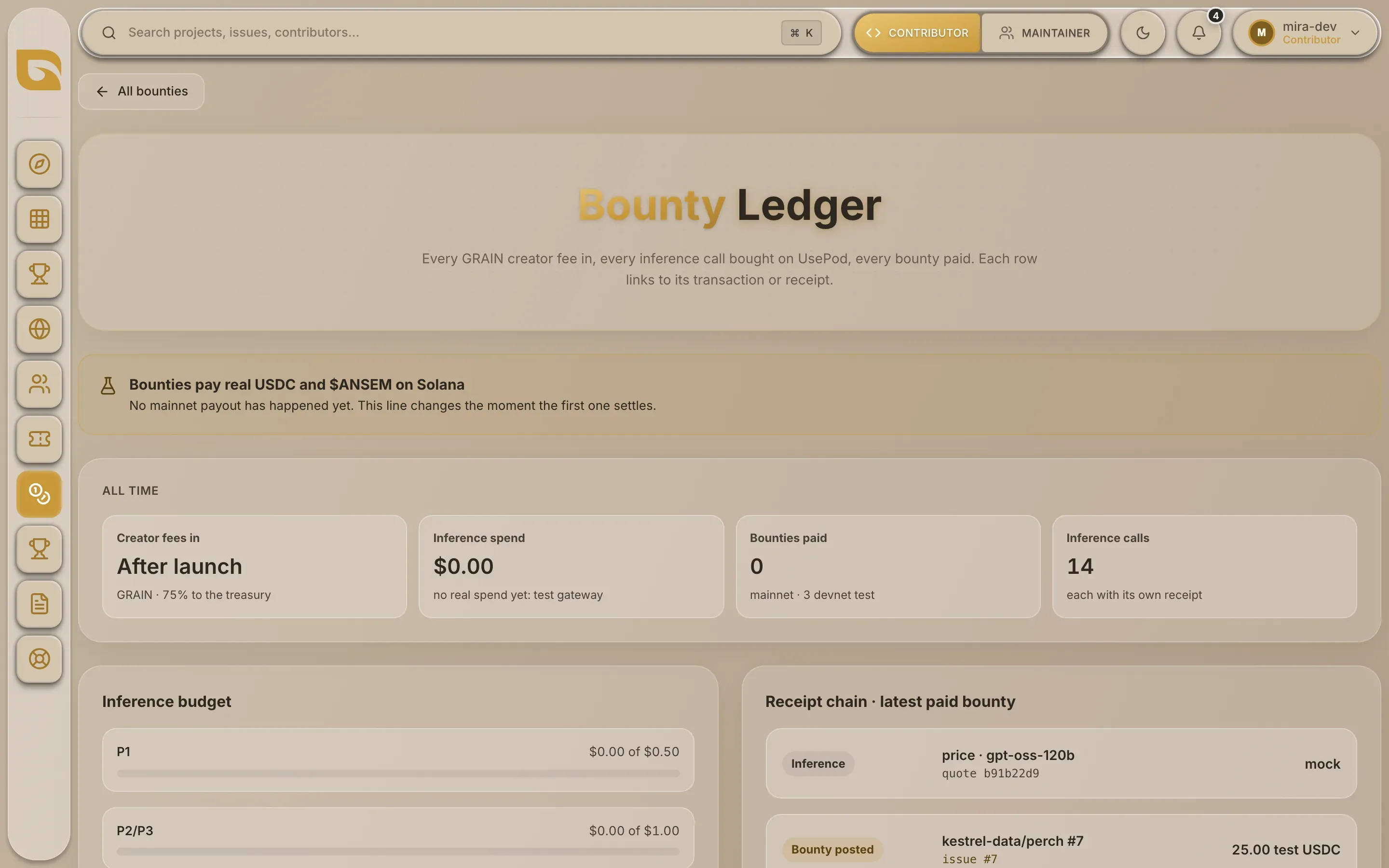 The bounty ledger: the header, the status banner and the totals