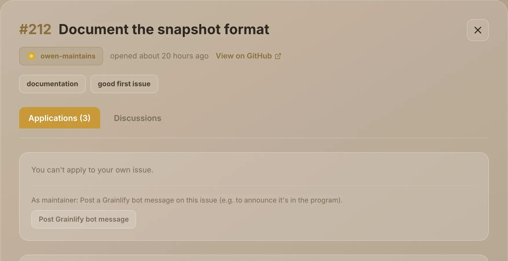 The Applications tab of an issue, with the Post Grainlify bot message button