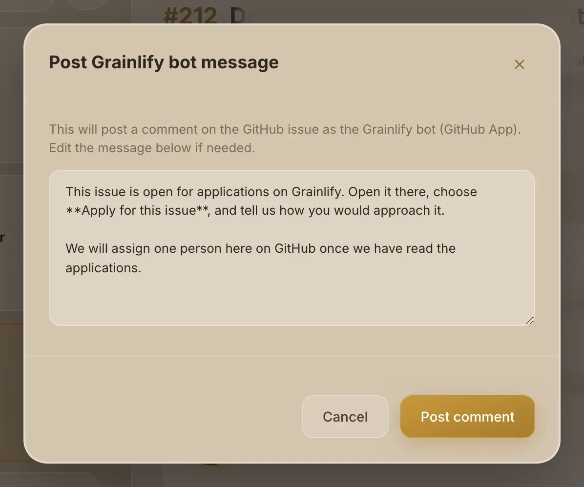 The Post Grainlify bot message window with the message box