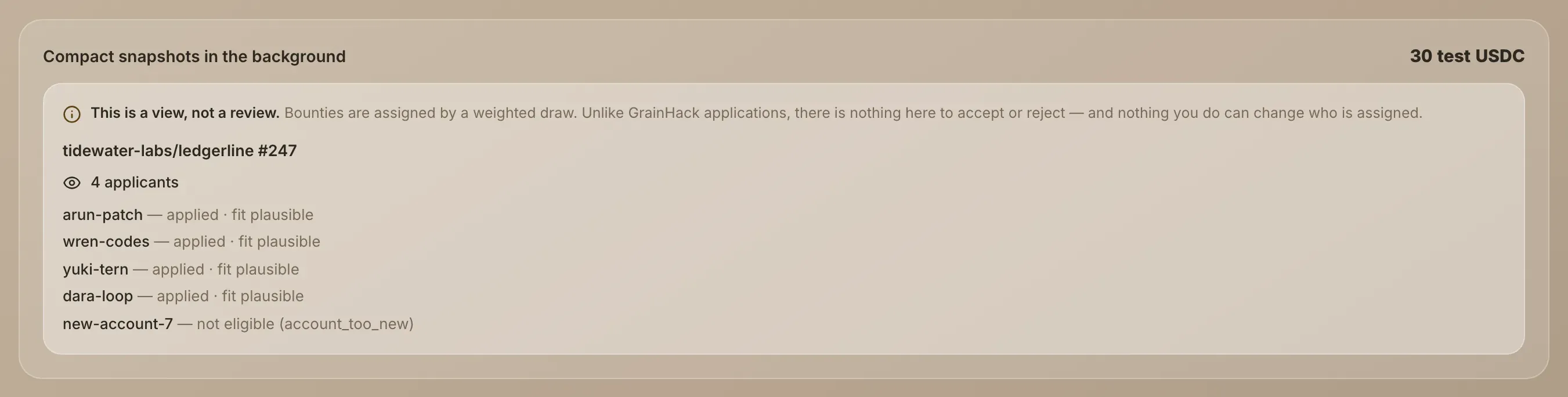 A closed bounty listing each applicant, one of them not eligible
