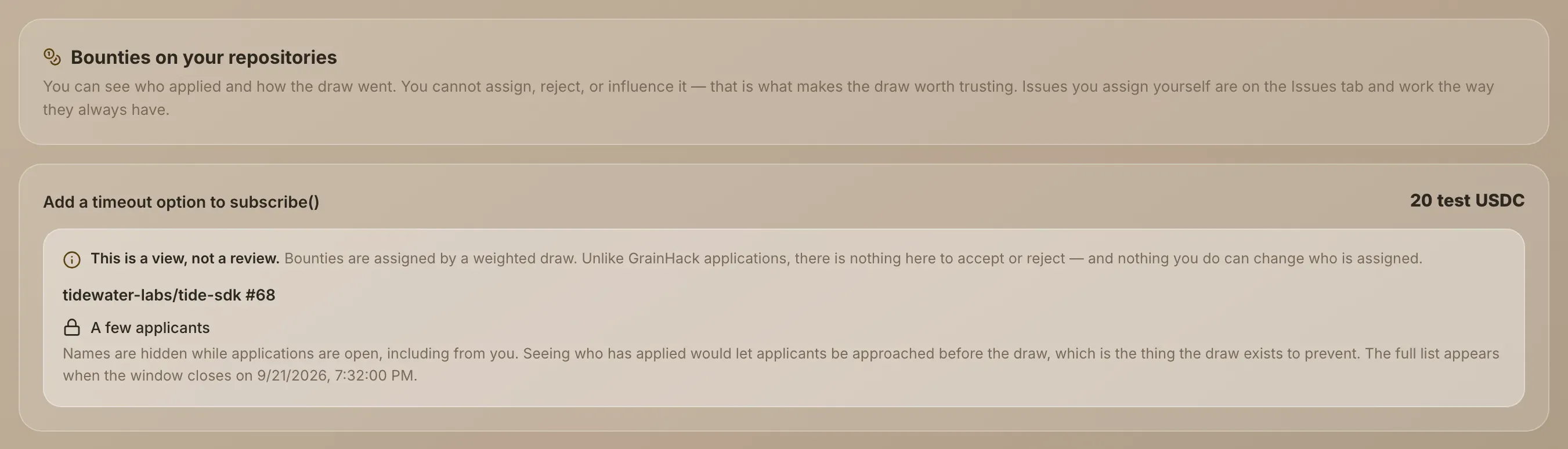 A bounty with applications open, showing A few applicants and no names