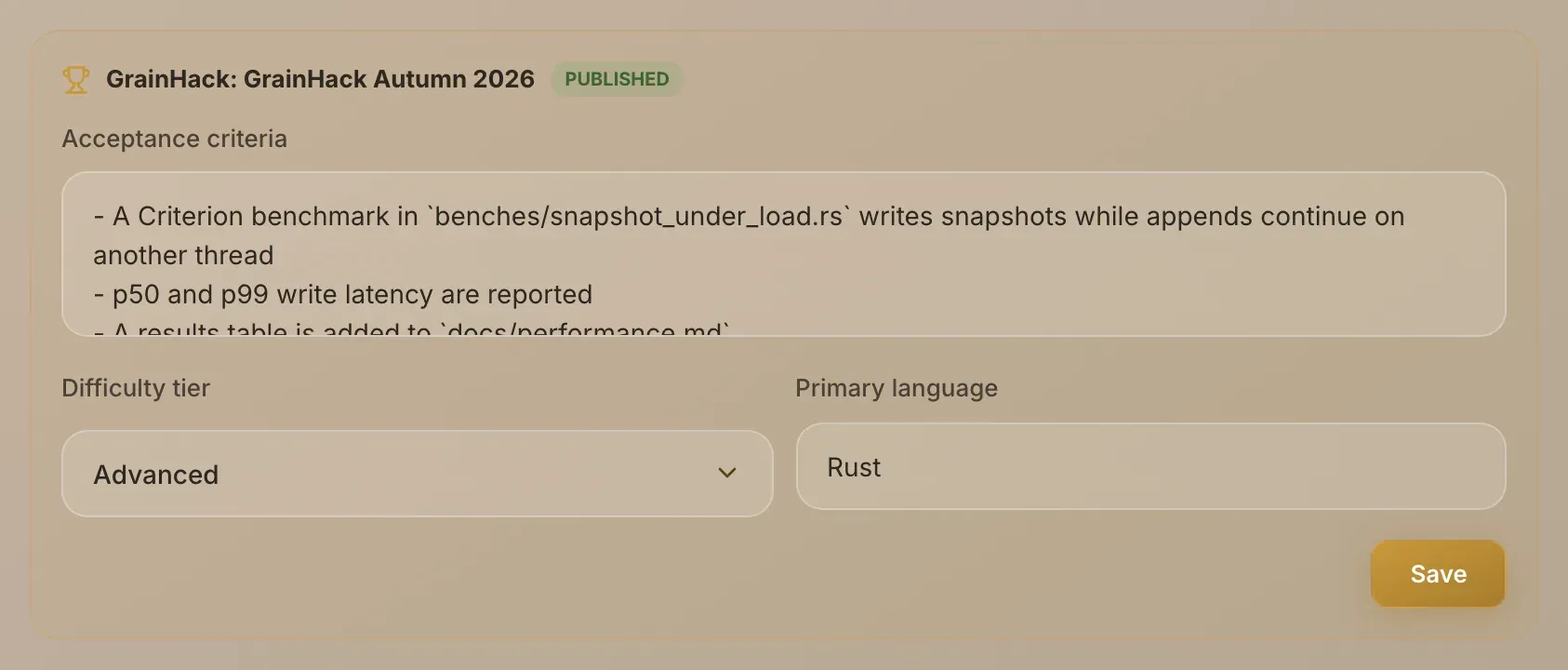 The GrainHack panel after publishing