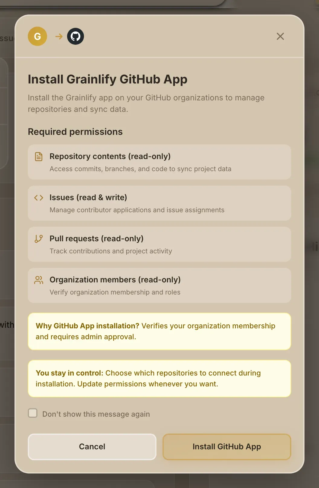 The Install Grainlify GitHub App window