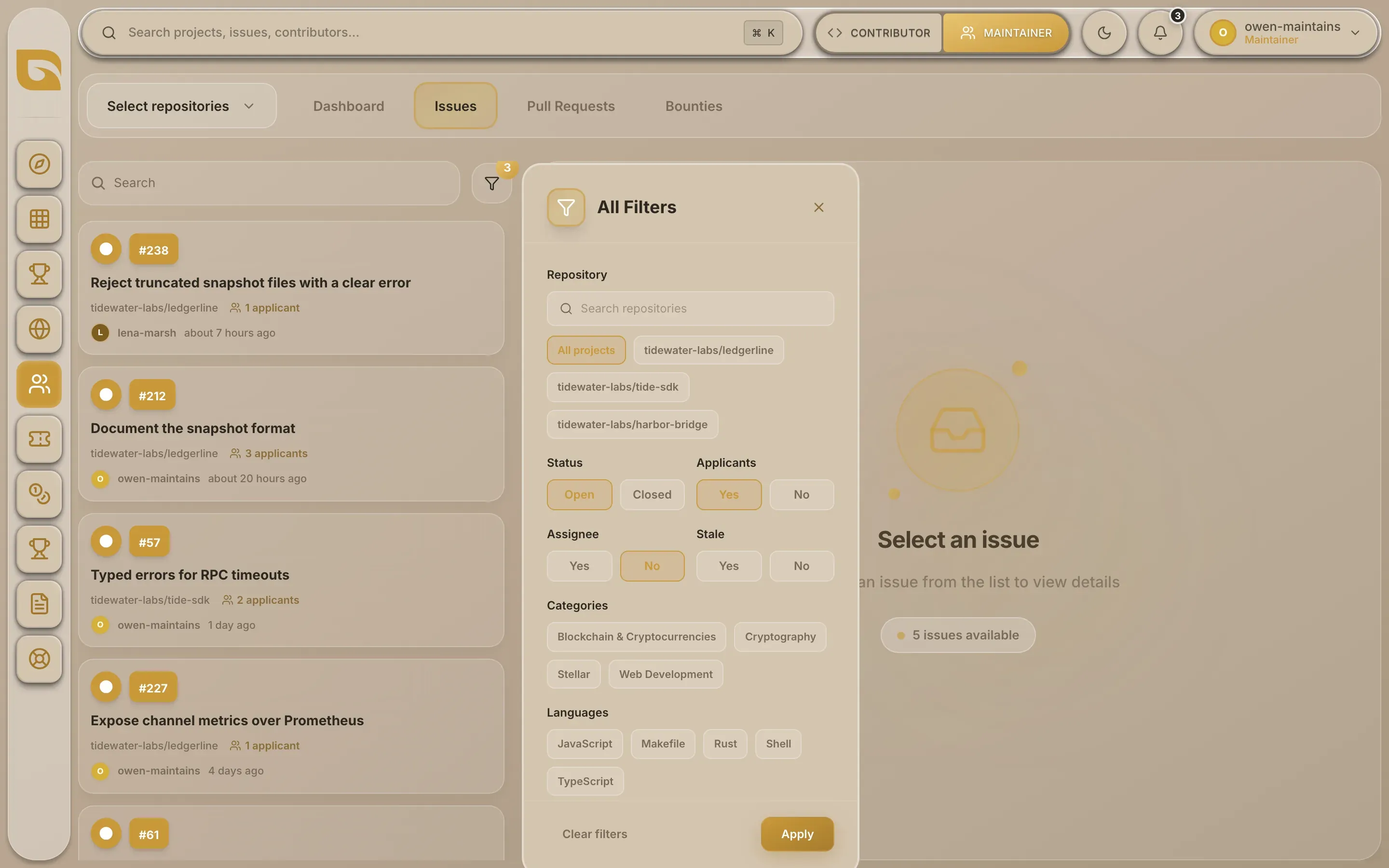 The Issues tab with the All Filters panel open
