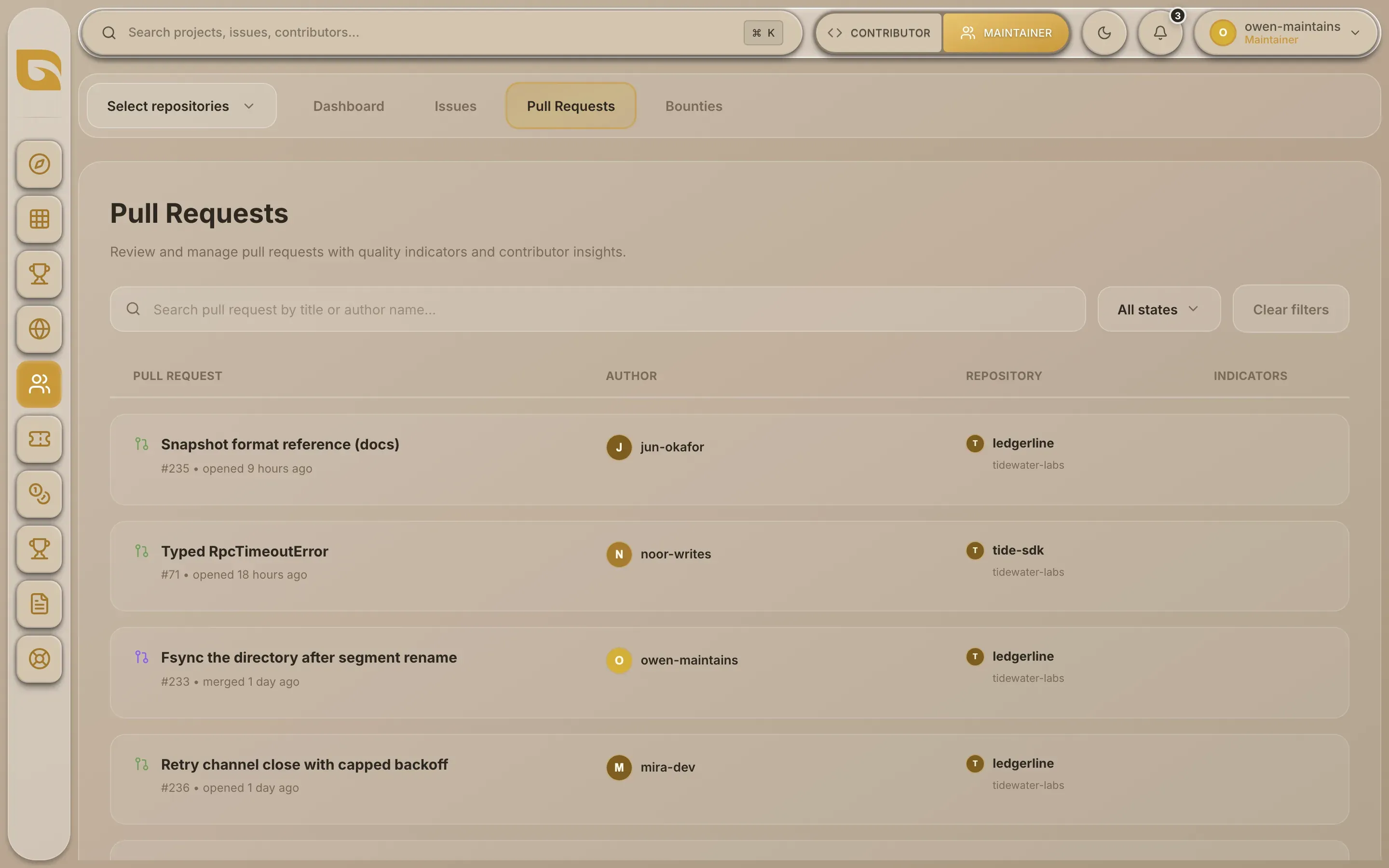 The Pull Requests tab listing pull requests from several repositories