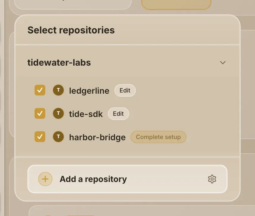 The repository selector open, with Add a repository at the bottom