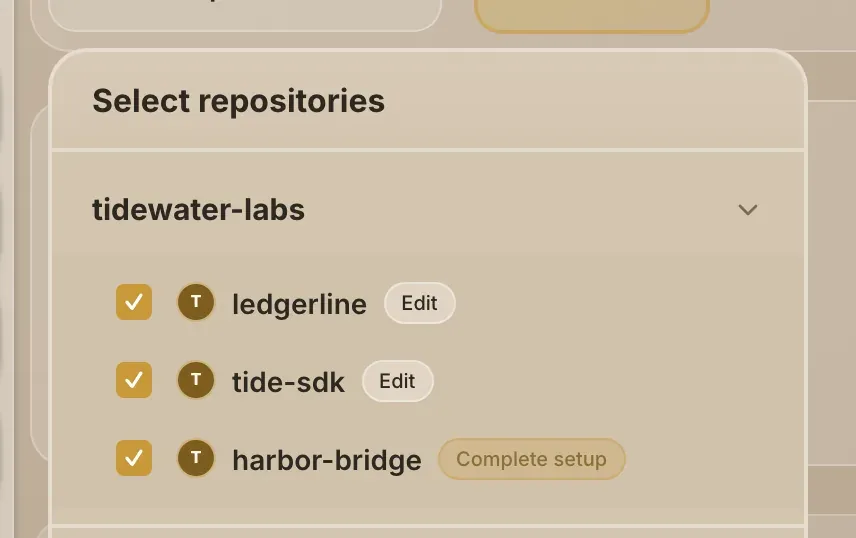 The repository selector, with Complete setup on one repository and Edit on the others