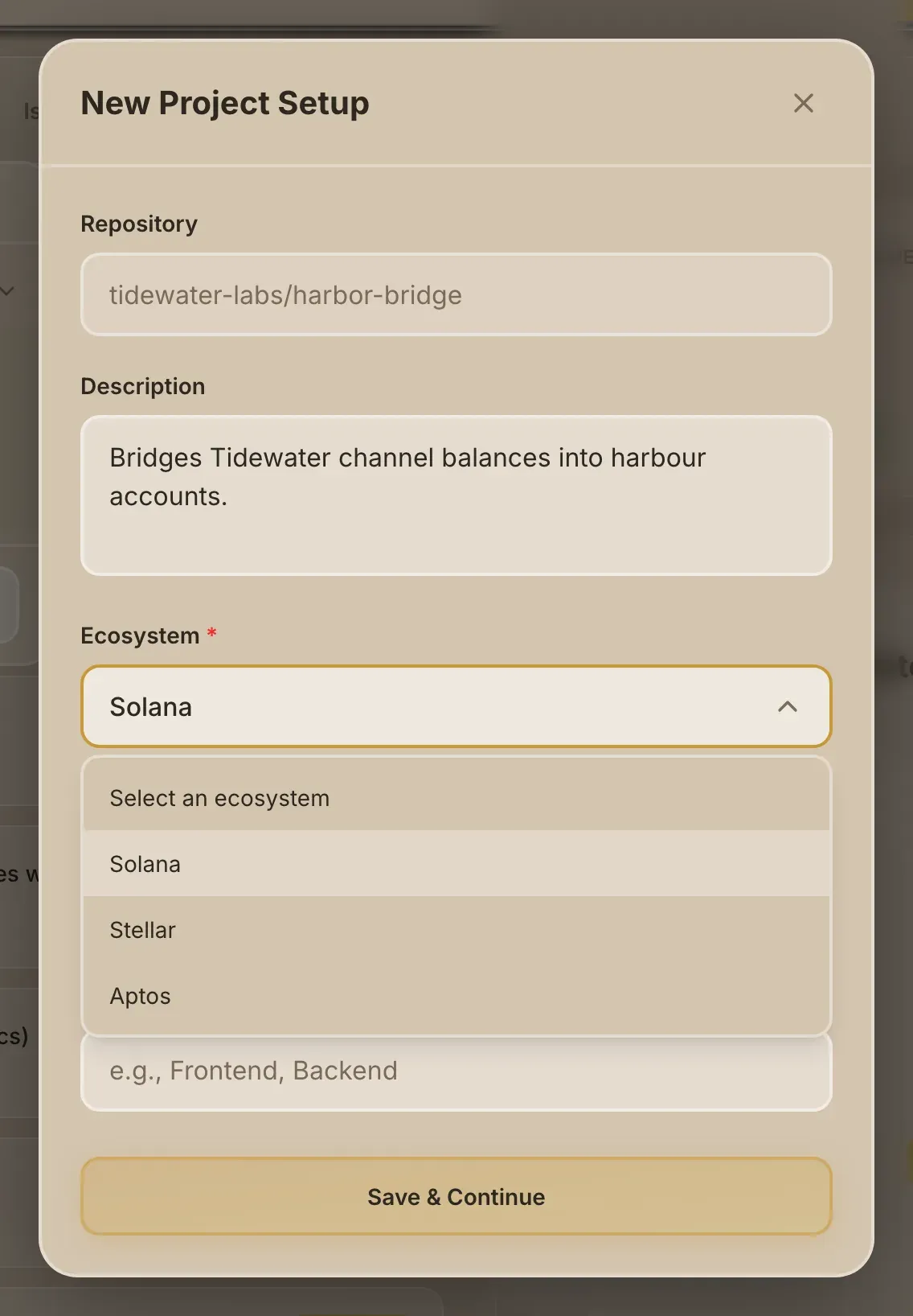 The ecosystem list open in the setup form