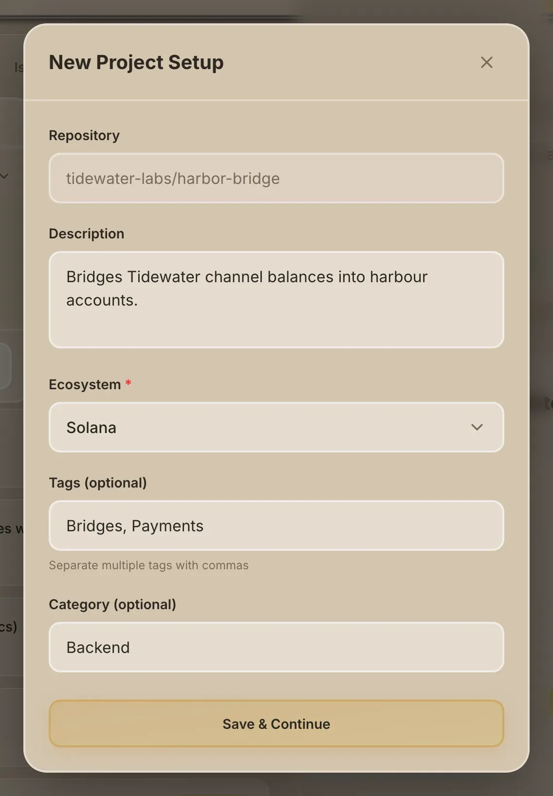 The New Project Setup form filled in