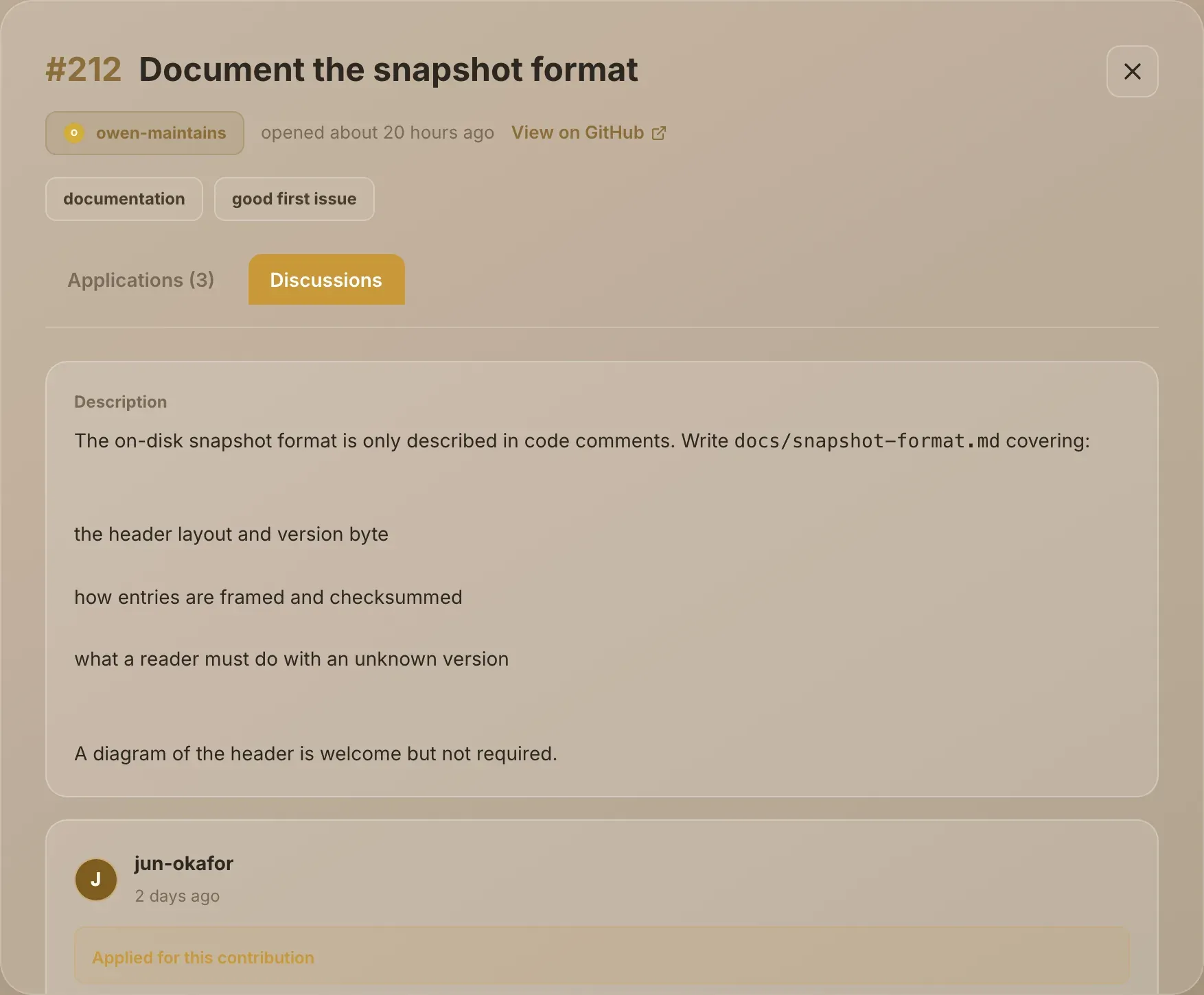 An issue's Discussions tab showing comments made on GitHub