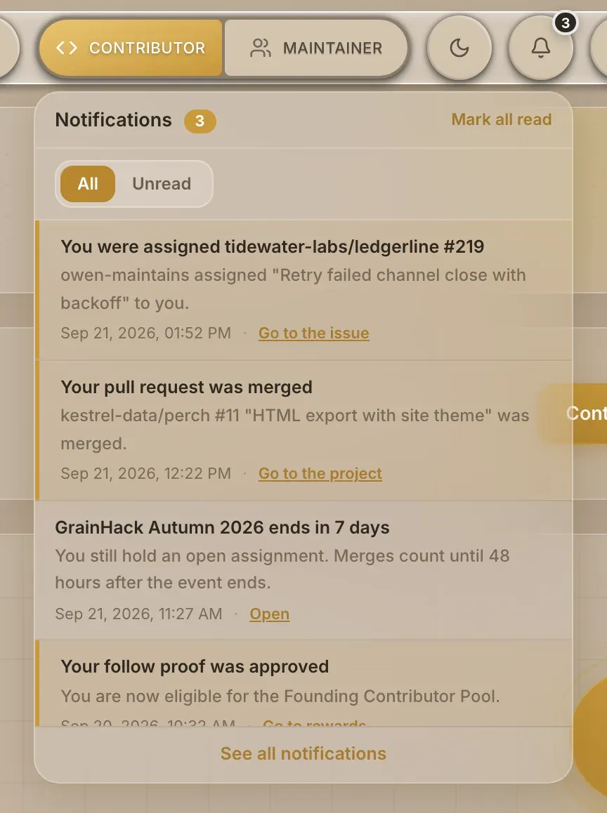 The notifications dropdown open, with unread notifications highlighted