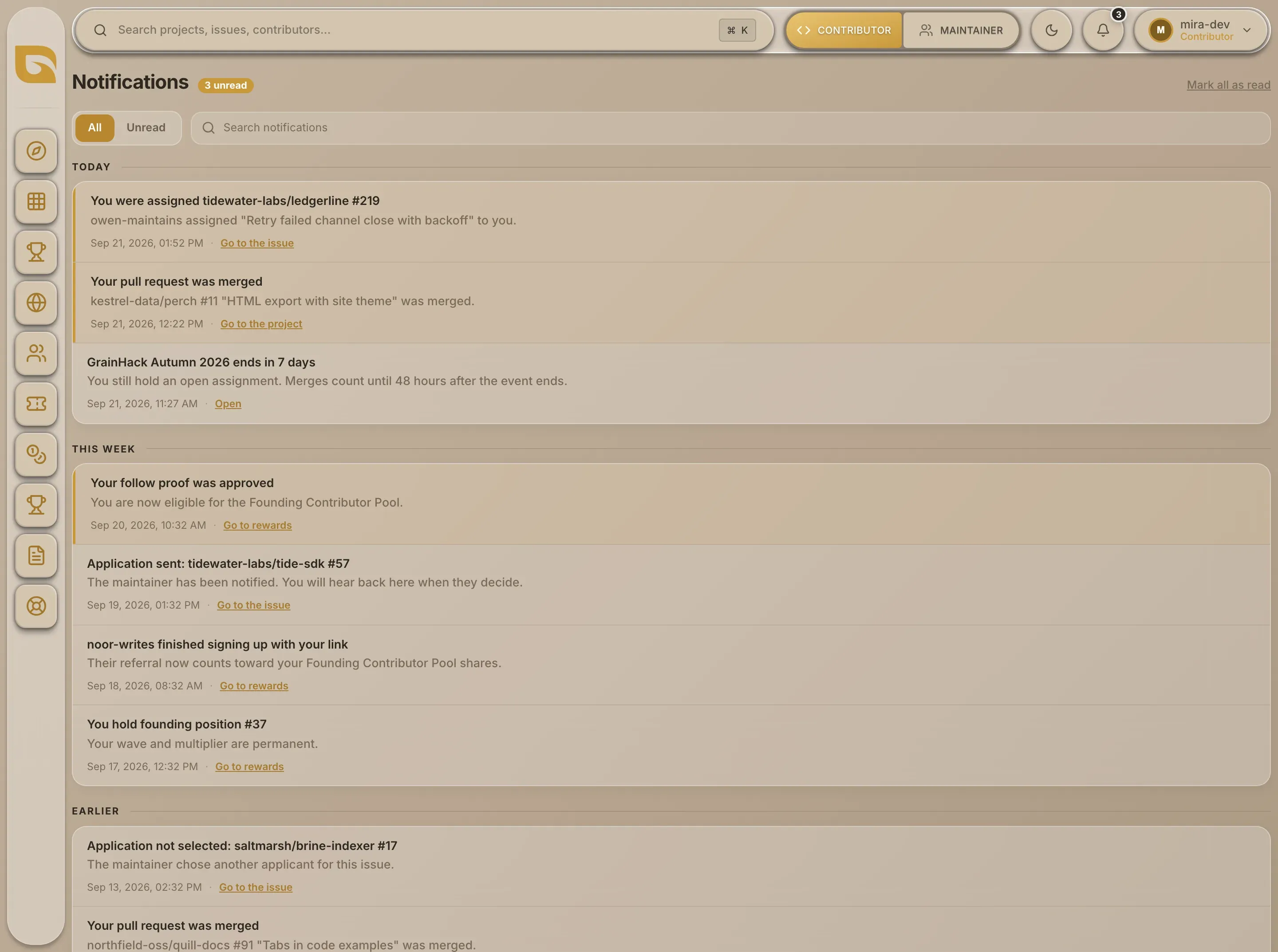 The Notifications page, grouped by date, with the All and Unread toggle and search