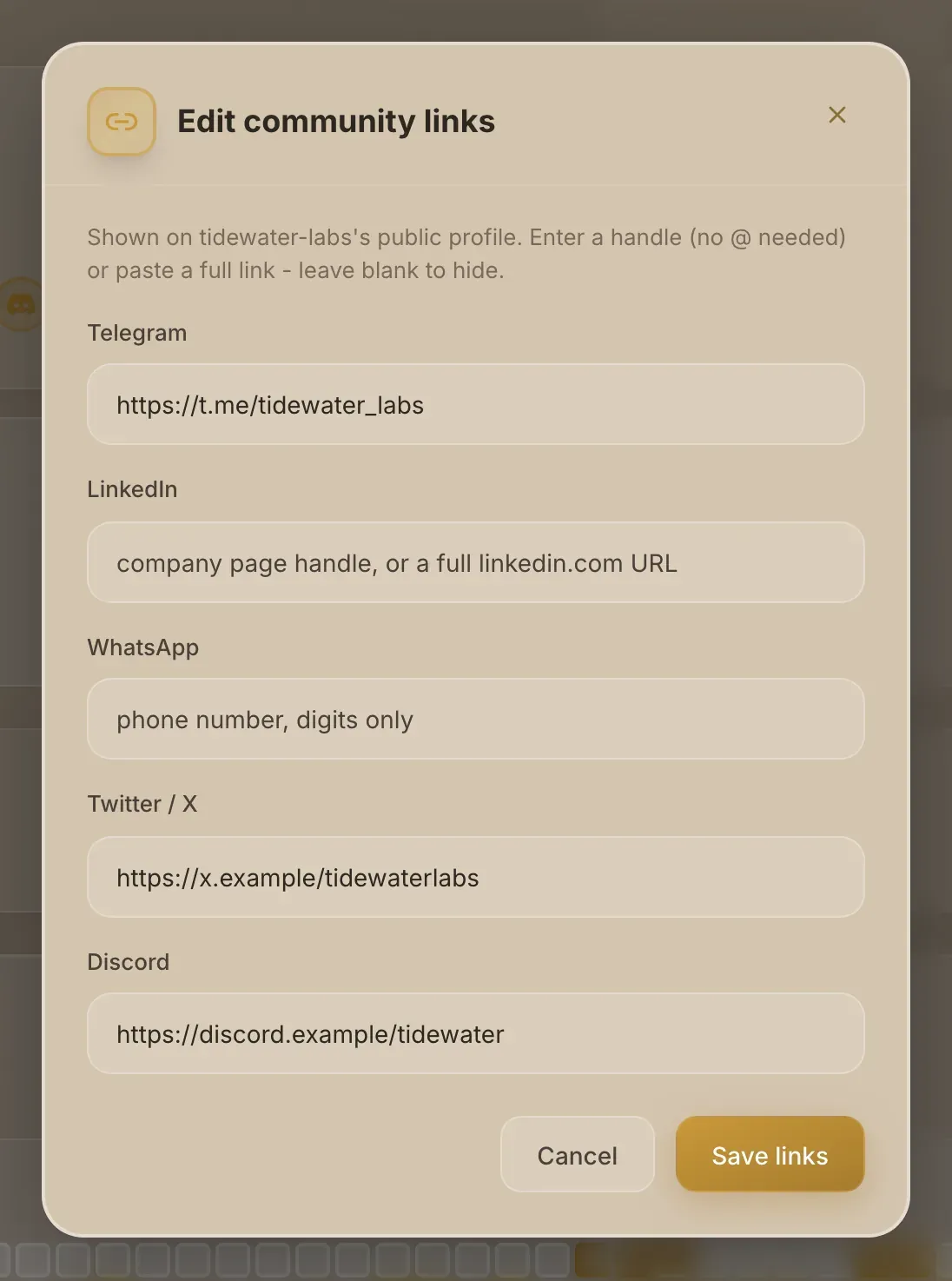 The Edit community links window