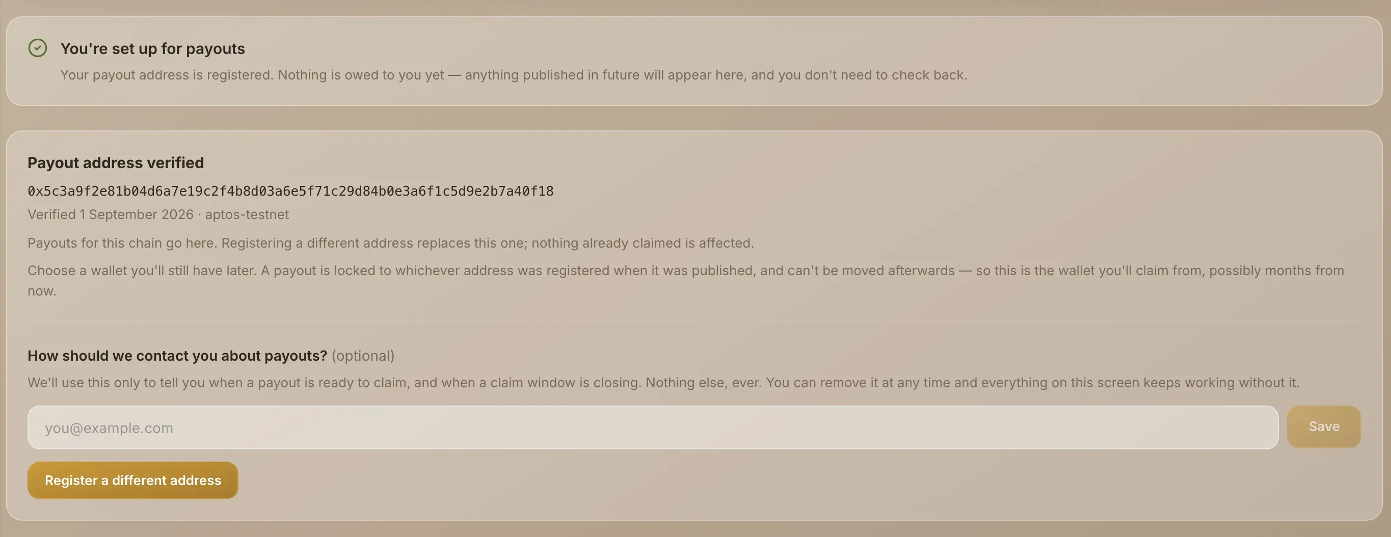 Payout Preferences with the readiness card and a verified payout address