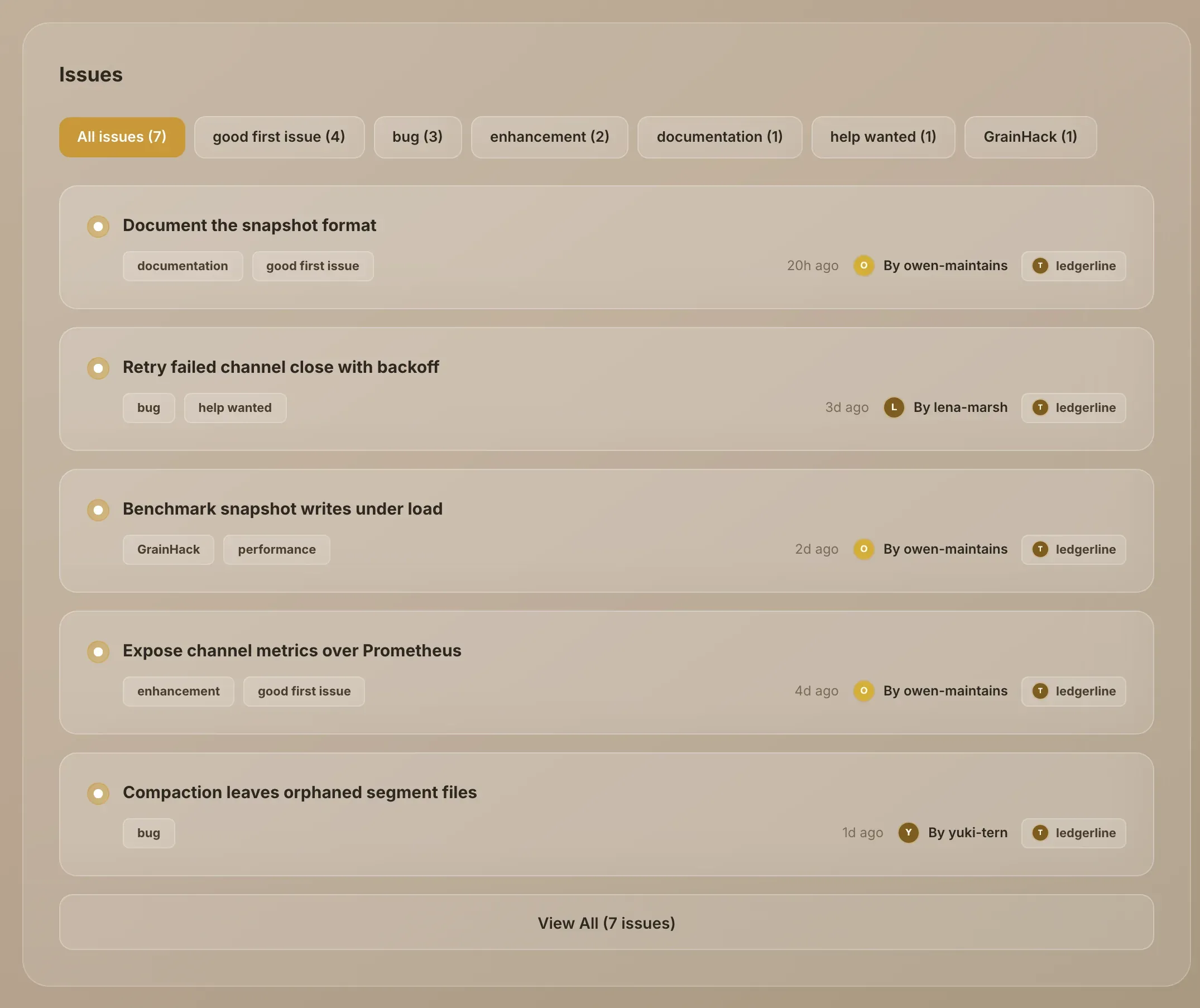 The Issues section of a project page, with label tabs above the list