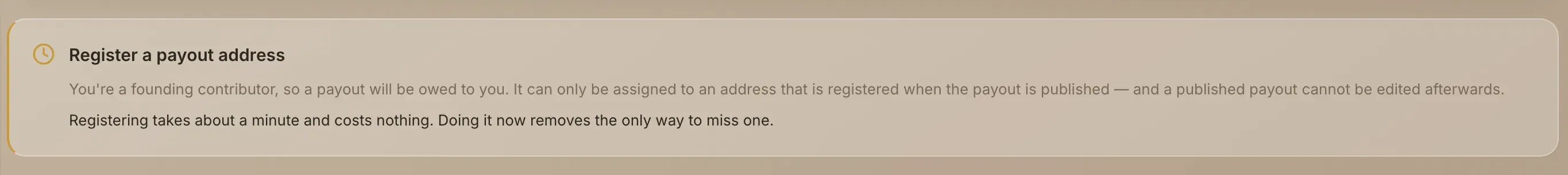 The readiness card asking you to register a payout address
