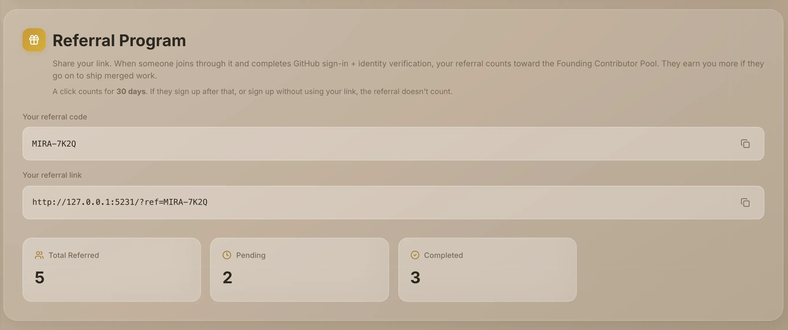 The Referrals tab with your code, your link and your counts