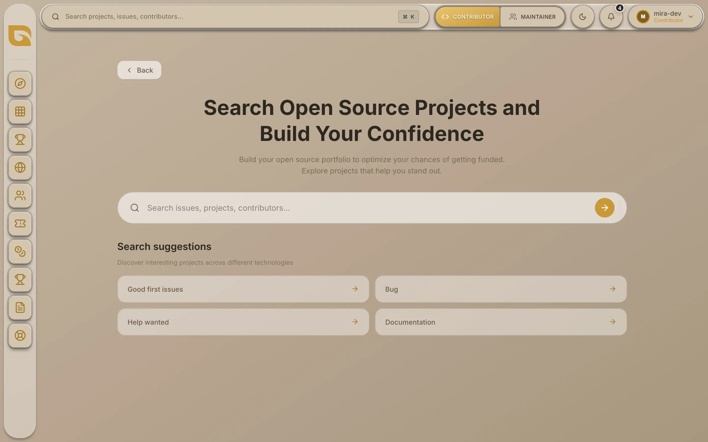 The search page before typing, showing the search box and Search suggestions