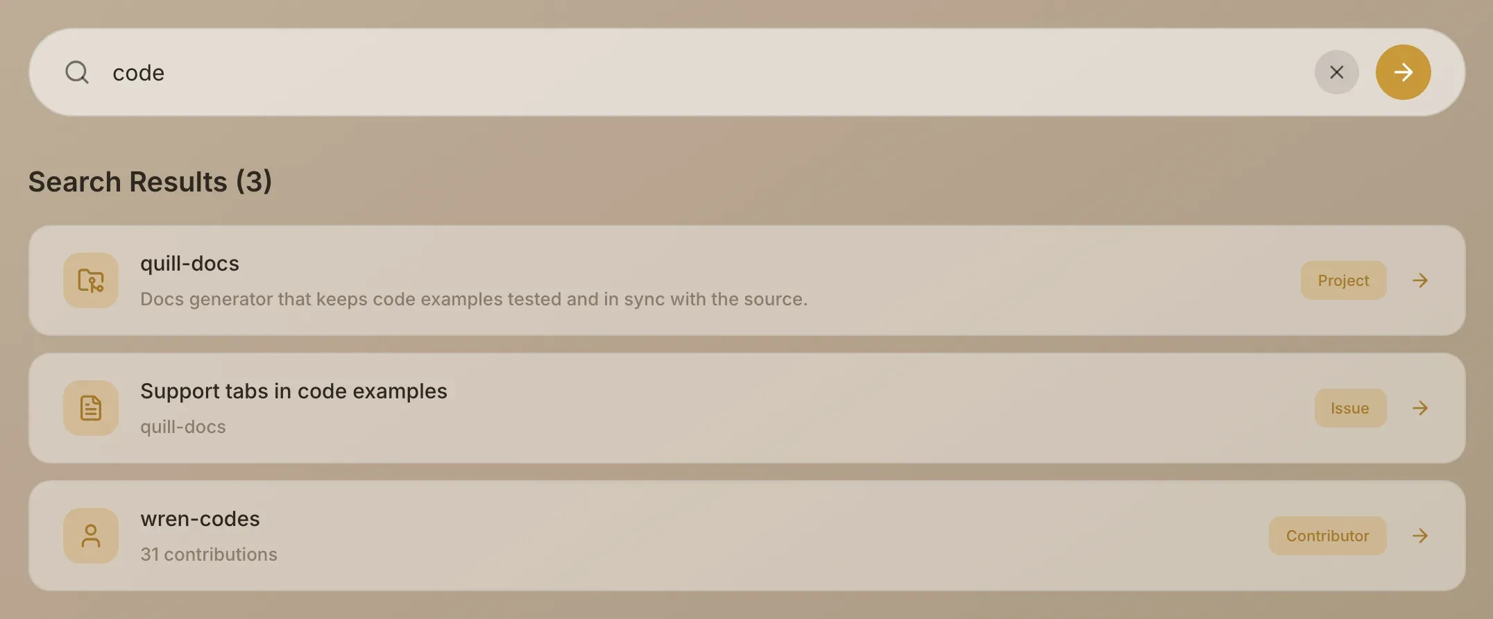 Search results for a query, with a Project, an Issue and a Contributor result