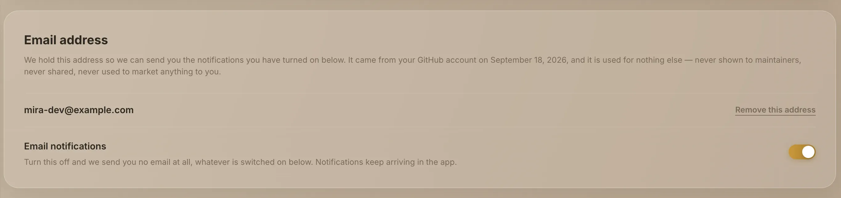 The Email address card, with the stored address and the Email notifications switch