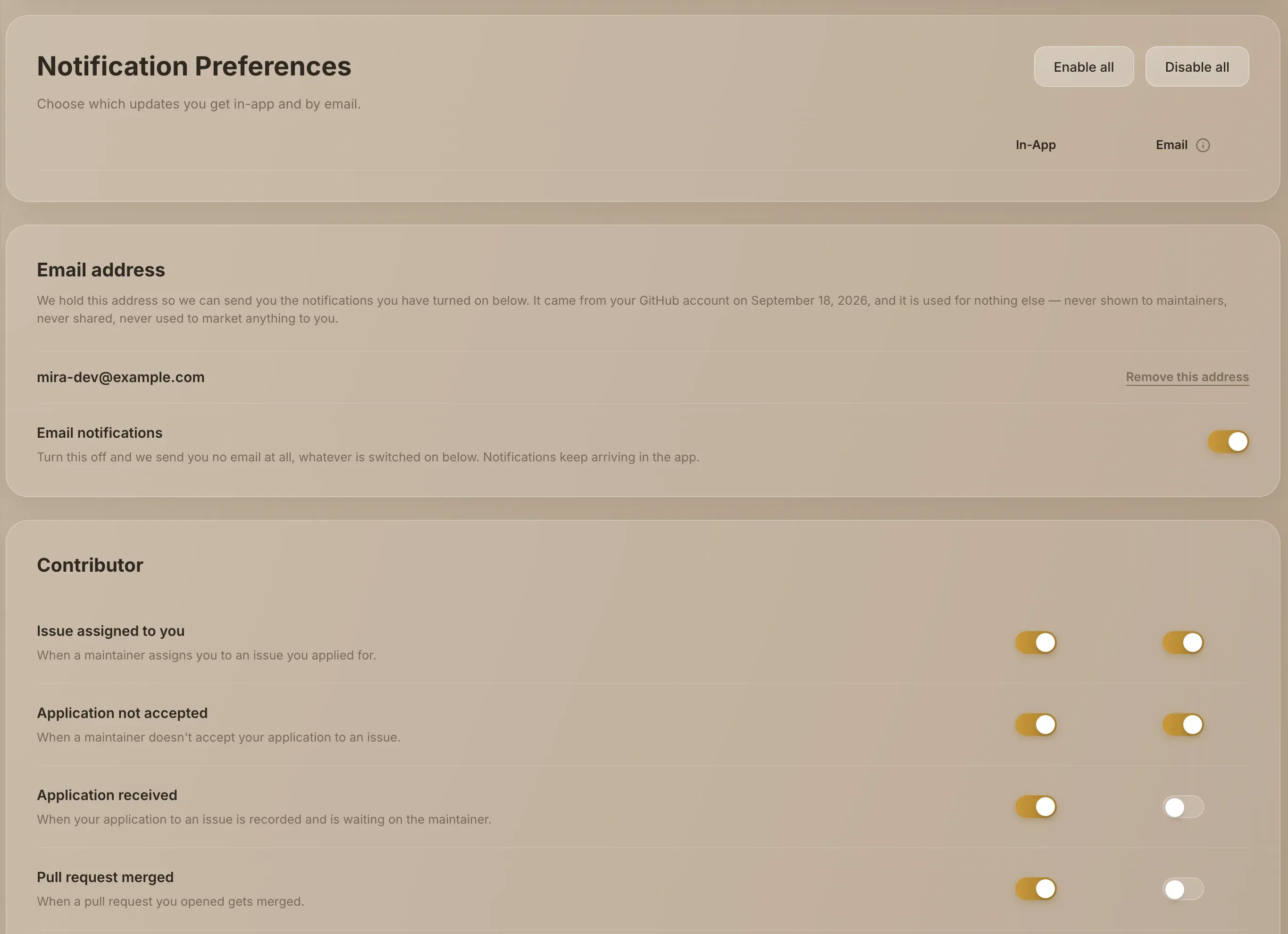 Notification Preferences, with In-App and Email switches for each type