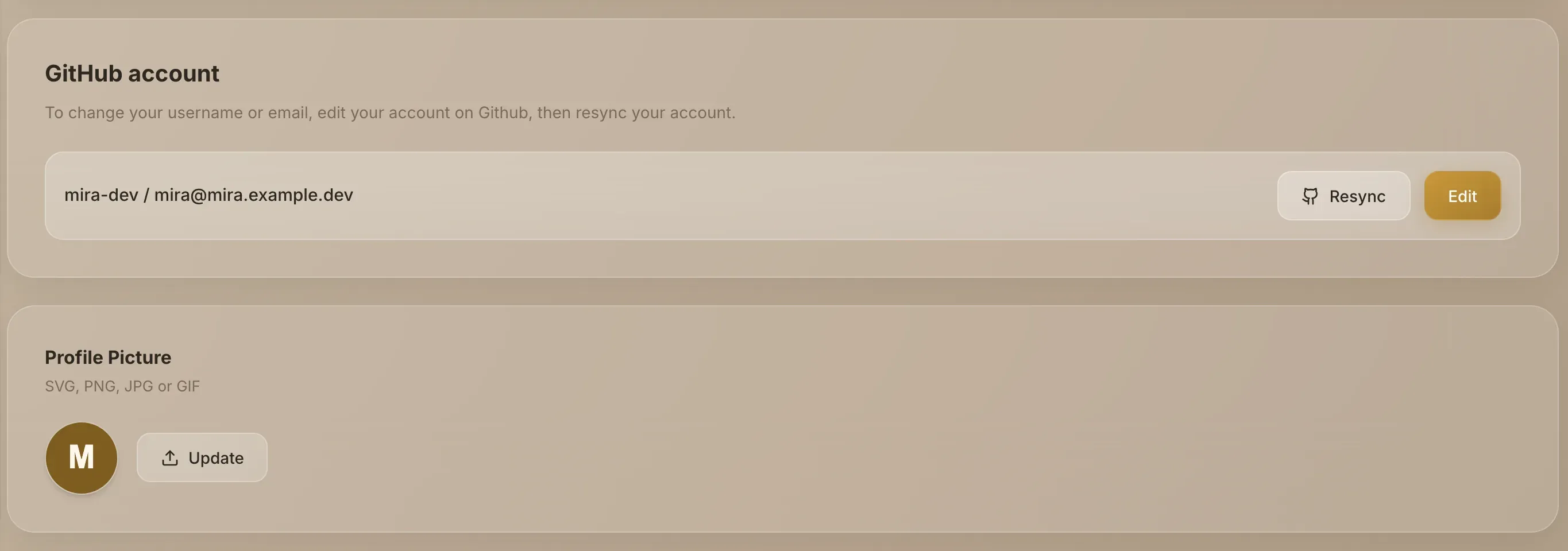 The GitHub account card with the Resync and Edit buttons, and the Profile Picture card