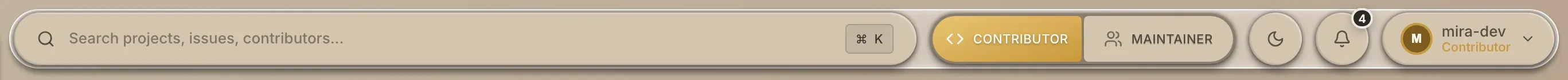 The header bar: search, the view switcher, the theme button, the bell and your picture