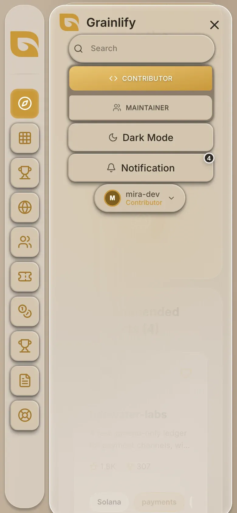 The phone menu open, listing search, the view switcher, the theme button, notifications and the profile menu