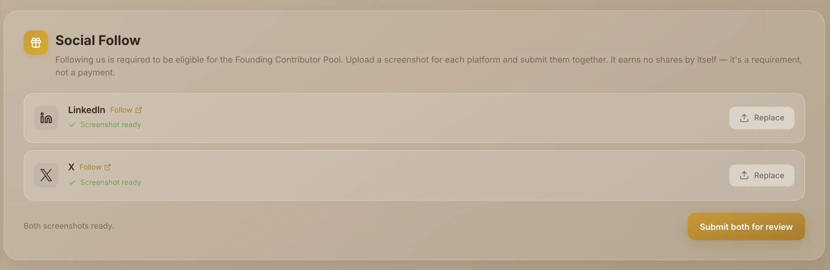 The Social Follow card with a screenshot ready for both platforms