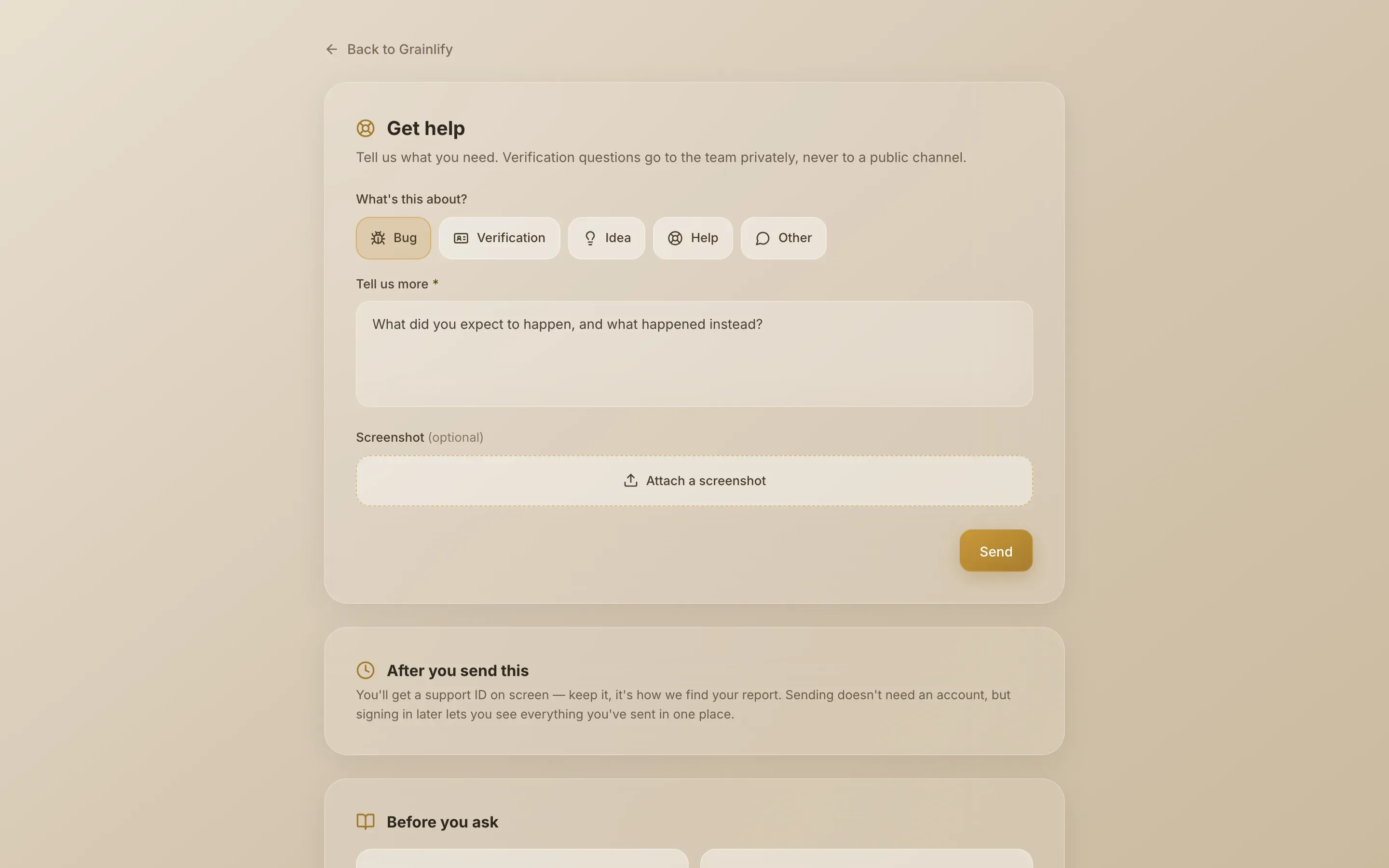 The Get help page with the categories and the message box