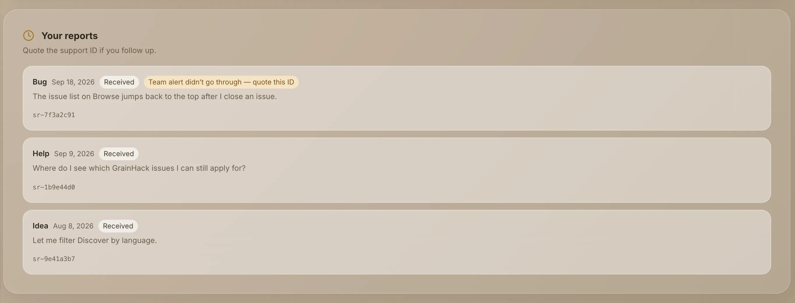 Your reports, listing earlier reports with their IDs