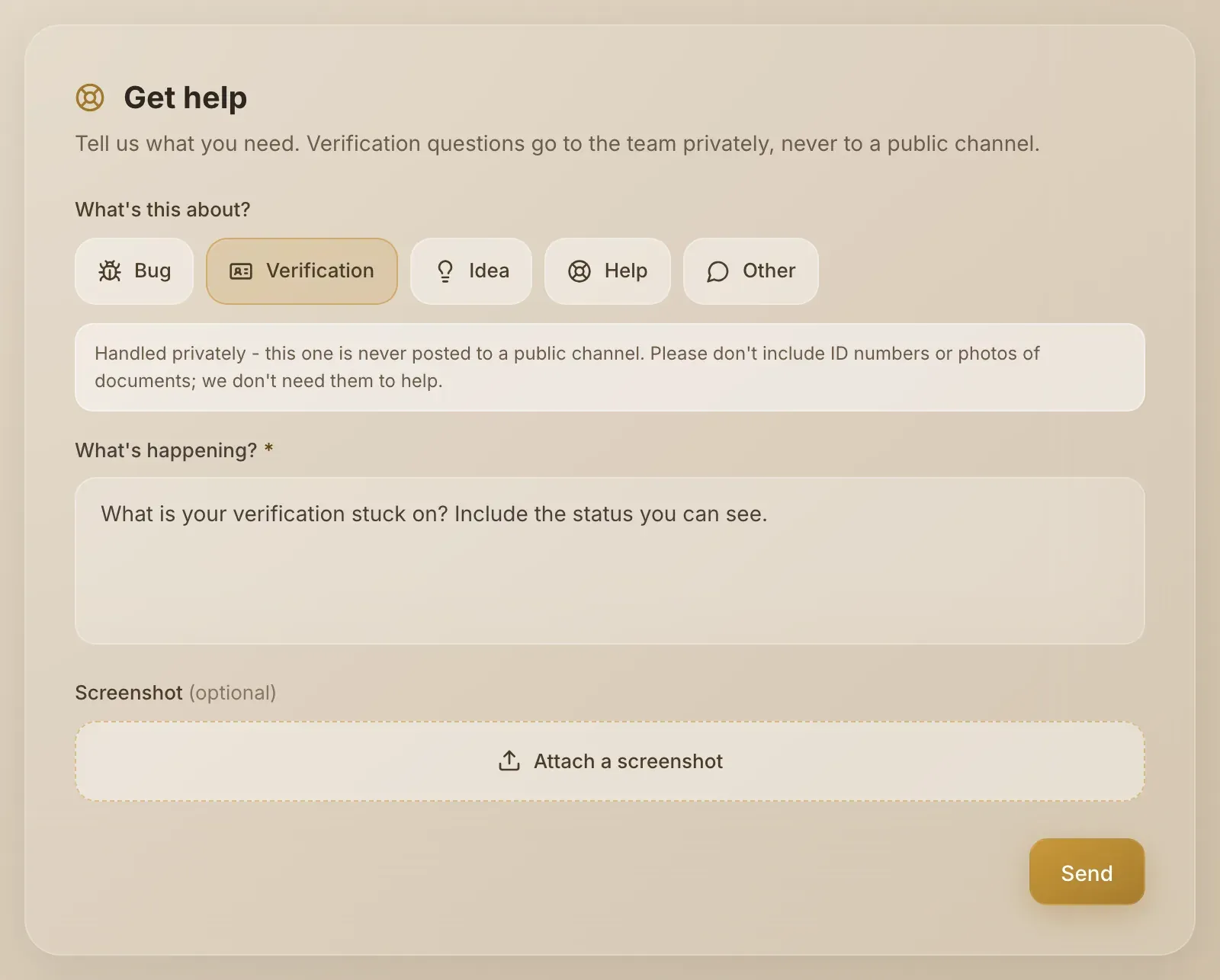 The Verification category selected, with its privacy note